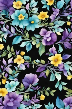 largest floral branch with GREEN, purple, LIGHT BLUE, YELLOW, turquoise water color seamless pattern BLACK background