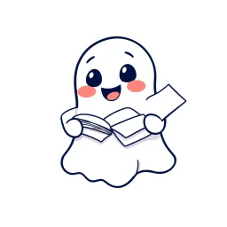 An icon that features a cute and happy ghost. That holds a big pile of papers in its hands. No background. Transparent background. Cute. Icon. Logo. Drawing. SVG. Cute. Happy. Small. Baby. Child. Blue.