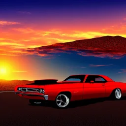 muscle car, desert road, sunset, full colour, realistic