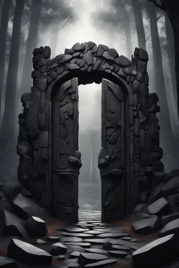 A huge wall made of granite black stones with a huge open gate and giant open wooden doors in the forest dark material, surrealist, elementals, intricate background, masterpiece, octane rendered, art station, thin line draw style