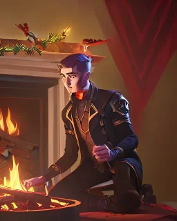 A warlock boy unwrapping Christmas gifts in front of the fire place