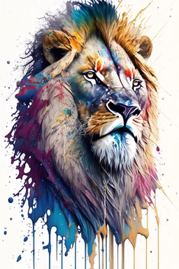 "lion", clean design, epic Instagram, art station, splash of colorful paint, contour, ((solid white background)), angled 45, hyperdetailed intricately detailed, unreal engine, fantastical, cinema lighting, intricate detail, splash screen, complementary colors, fantasy concept art, 8k resolution, DeviantArt masterpiece, watercolor, paint dripping