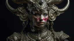 Beautiful ounce animal haddressed woman portrait adorned with metallic filigree decadent voidcore shamanism costume armour and headress decadent gothic maljsian style organic bio spinal ribbed detail of extremely detailed maximálist hyperrealistic portrait art