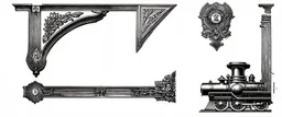 decorative corner elements(top left and bottom right) inspired by steam locomotive railroad and engraved stamps. antique printing