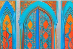 semi-abstract painting, triptych with 3 gothic_arab gates in blue, turquoise and orange