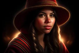 Digital art, high quality, digital masterpiece, natural illumination, spotlight, realistic, film style, beautiful, (1 Peruvian young woman wearing a peruvian poncho and a fedora:2.5), (Brown hair, braided:1.8), (beautiful face:1.8), cute, (Red Peruvian poncho with Peruvian patterns:1.5), (Dark fedora:1.5), (Peruvian valley at background:2)