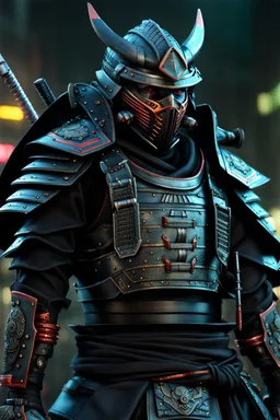 Fully armored cyberpunk samurai, photorealistic