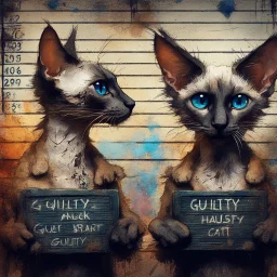 Whimsical dark fantasy art. Mid shot. A comical Oriental shorthair Siamese scruffy cat with blue eyes, battered, dirty, with a mug shot and guilty written on the board. 2/3 face angle. Expressive brush strokes, visible texture. Vibrant colorful splash art style reminiscent. Complex patterns, gothic arches, worn stone background. Dramatic side lighting, deep shadows. Grandiose gothic architectural details, abstract minimalist hints. Dark fantasy gothic colors, warm gol