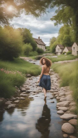 full body shot of a very beautiful lady curvy hair, walks in the country side with a narrow river with clean water and nice rocks on floor. The trees and wild flowers pretty country houses ,nice cloudy sky.