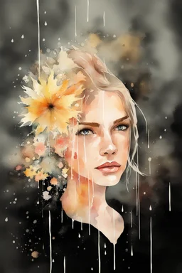 watercolor portrait of a woman, lush hair, rain, flowers, umbrella, autumn, paint blots, splashes, tears