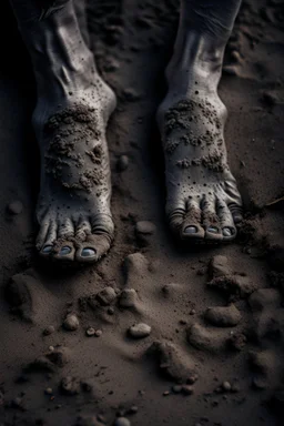A toes looks dirty filled on the grey dark. Sands and dirt on a sands ground, view from the top