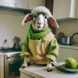 A sheepFunny and cute in the shape of a sheep, wearing a cooking outfit that looks the same color as its skin, in the kitchen, cooking