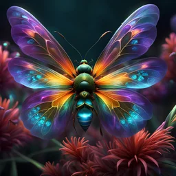 ancient flowers, single object, fractal, flying insect , scientific illustration, neon, ultra realistic, artstation: award-winning: professional portrait: atmospheric: commanding: fantastical: clarity: 16k: ultra quality: striking: brilliance: stunning colors: masterfully crafted.