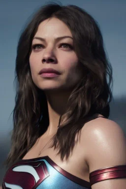 perfect face kristin kreuk, superman clothes, realistic, unreal engine, cinematic lighting, octane render, fog, smoke, fire, particles