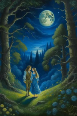 A prince and a village girl secretly meet by the moonlight in an oil painting forest