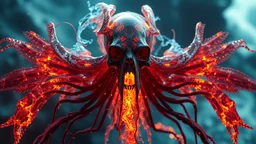 The Devil's Sea (John Carpenter), epic angle and pose, symmetrical artwork, 3d with depth of field, blurred background, cybernetic jellyfish female face skull phoenix bird, translucent, nautilus, energy flows of water and fire. a highly detailed epic cinematic concept art CG render. made in Maya, Blender and Photoshop, octane render, excellent composition, cinematic dystopian brutalist