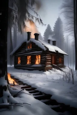 Forest, old house, fire, snow