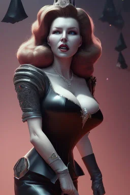 Rita Hayworth as evil queen in black leather, busty, cleavage, dominatrix, curvy, angry, stern look. character design by cory loftis, fenghua zhong, ryohei hase, ismail inceoglu and ruan jia. unreal engine 5, artistic lighting, highly detailed, photorealistic, fantasy