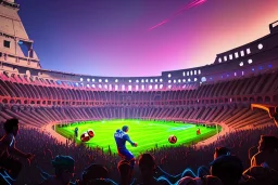 diego armando maradona playing football in roman colosseum, hyper detailed, digital painting, elegant, centered, detailed, neon signs, 8k, shining, heaven, many happy people, dampf,