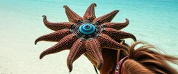 floating sea star creature with a central eye and ten eyestalks, each capable of firing magical rays according to the Monster Wikit on horse in a lagoon beach, goa folk electronica trance, latin breaks, , indian vibes, fsol, close up portrait