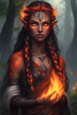 Fire Eladrin druid female. Hair is long and bright black part glows. Part of hair is braided and fire comes out from it. Big bright red eyes. Is generating fire with her hands and fire are coming our off them . Skin color is dark. Has a big deep scar on face.