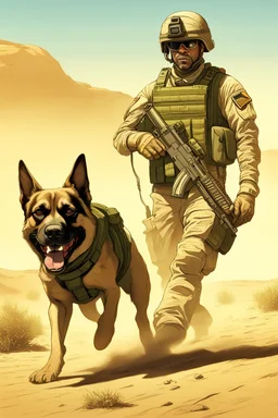 A soldier dog dressed in military combat uniform fighting another soldier dog in the hot desert landscape, digital illustration portrait, dog's face is snarling, aggressive, angry, Craig Miller , futuristic, pulp fiction graphic novel style, hyperrealism, photorealism