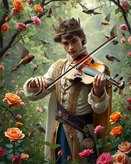 Gorgeous Photography Handsome Prince playing violinist in Wild garden,flower,birds surrounding,fractal ornamentation, over detailed, gloriously full and confusing, nothing that really exists, everything made up, fantasy world, sweet briar, photography graphic art, song birds, ochre rose,rose buds, dewy morning, forest of oaks