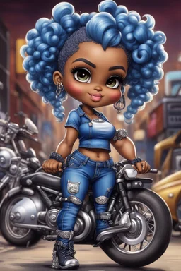 airbrush illustration of the chibi cartoon character, a voluptuous black female in a blue jean outfit with biker boots. Her prominent makeup and hazel eyes, along with her detailed platinum blonde bantu knots, are featured in this image, set against the background of a lively bike show.