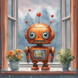 Cute whimsical pouty Robot who has a frowny face on LED face screen display, looking out of bay window at downpour, splash art, by Sean Tan, by Kay Nielson, by Norman Rockwell, digital watercolor, impressionism, whimsical, super cute, warm colors, artsy lines.