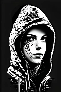 Create a graphic picture of an women hacker with an huddie with the face strait forward, in black and white to be used as a logo