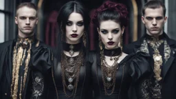 goth fashion, women and men in nice goth clothes and jewelry, black, silver, gold, burgundy fashion colors, High detailed, sharp focus, looking at the camera, cinematic, masterpiece, high realistic, fashion photo