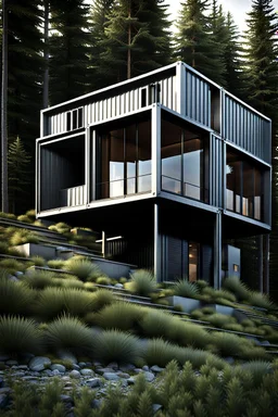 Medium sized, modern house made from shipping containers, on a hill in the woods, photorealistic