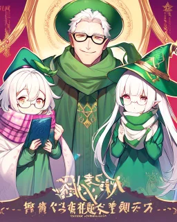 15 year old boy who is a little short, 1.60m tall, wears a long green wizard's outfit, wears a green hat with small horns on it, wears circular glasses, is quite cute, has white hair, wears a pink scarf, her eyes are green and are a bit effeminate