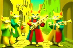 create "The Cat Pied Piper of Hamelin, whimsical and colorful Renaissance attire, playing a golden flute, leading playful and mischievous cats through vibrant, cobbled Renaissance streets, people on balconies laughing and pointing, surreal lighting, dreamlike vibe, highly detailed, vivid colors, painterly style, 8K, magical realism meets historical fiction --v 7 --ar 4:3 --style raw --q 2"
