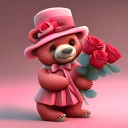 Cute bear in hat and suit gives buquet of red roses to bear in pink dress and bow on head. 3D Disney cartoon style.