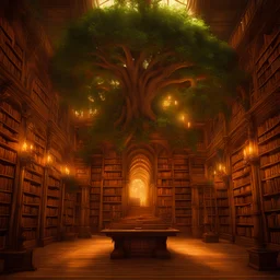 Create a captivating scene of a mystical library nestled deep within an enchanted forest. Towering trees adorned with glowing runes lead to a grand entrance covered in ivy, where magical creatures like fairies and talking animals gather. Inside the library, shelves stretch endlessly, filled with ancient tomes containing spells, secrets, and untold knowledge. At the heart of the library stands a majestic tree, its branches reaching toward the canopy, glowing with arcane energy.