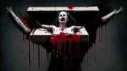 a gross woman covered in blood holding up a black rectangular box