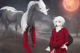 Anime character with white skin, red eyes, white hair, black clothing, in a magical medieval setting