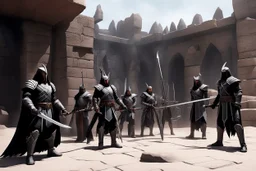 Four Klingon warriors gather in the stone courtyard of a fortress on Qo'noS, checking their traditional weapons before the battle. On the left, a warrior tests the weight of his massive bat'leth, while his comrades sharpen their d'k tahg daggers and mek'leth blades. Armor of leather, fur and spiked steel, braided hair, and banners of the Empire blowing in the cold mountain wind. No phasers. No mercy. Only Kahless' legacy. Inspired by Star Trek TNG / DS9 Klingon culture.
