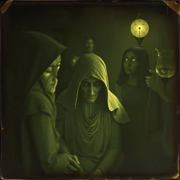 Daguerrotype close up some mysterious figures, odd background, Hieronymus Bosch Max Ernst ambient light, by Minicavio Quollati and Marlost Endgulp, Amano, Botticelli, Alphonse Mucha