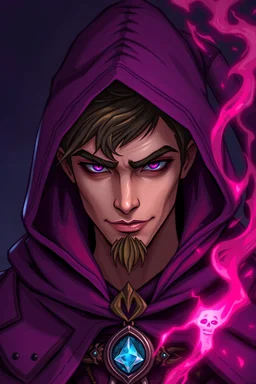 Generate a picture of a young 23 year old mage with a stuble and a sinister hood and magic oozing from him, main colors of purple and pink