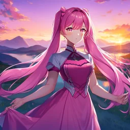 girl, masterpiece, best quality, cinematic lighting, detailed outfit, perfect eyes, long hair, pink hair, twin tail, pink eyes, vibrant colors, pink outfit, landscape, sunset, pink sky,