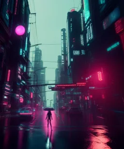 circular white moon, 3D, beautiful, light reflecting, empty city, midnight, rainy night, neon, cyberpunk, person walking