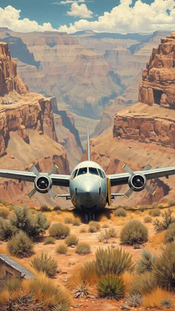A 1950 commercial airplane with broken glass and doors in front of crashed in the bottom of the Grand Canyon valley, in surrendered by the high Grand Canyon mountains the desert, in a forgotten battlefield over run by vegetation, cutesy tiktok detailed oil painting, grainy, old style