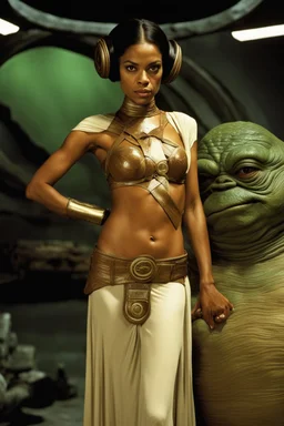 Rosario Dawson in princess Leia's slave costume of the Return of the Jedi, close to Jabba the Hutt.