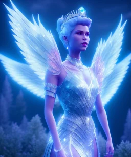 A crystalised queen, atmospheric, realistic, unreal engine, cinematic lighting, octane render. blue, pink, transparency, light, shine,bright, full body, transparent wings, blonde, long hair, nice smile