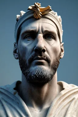 Ultra Realistic image, Roman sculpture, white marble material, Lionel Messi, gold crown of thorns, sun ornament, sun rays background, chisel style, waist up portrait, epic, celestial, cinematic lighting, God light, god rays, 4k resolution, smooth details, soft lighting, unreal engine 5, art station, substance 3d.