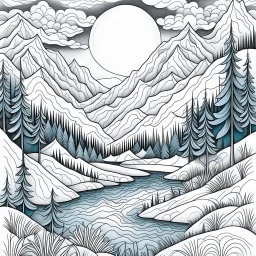 Outline art for coloring page with a cute mountain landscape white background, sketch style, only use outline, clean line art, white background, no shadows, clear outline