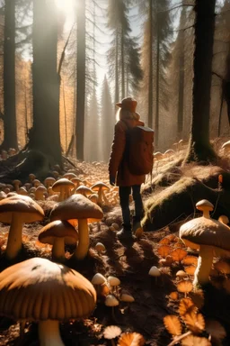 Human explorer old growth forest of mushrooms sunny winter day