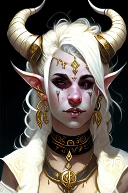 A young tiefling woman with a set of ram horns on her head encrusted with jewels, White-Blonde, medium length hair, black eyes, dressed in white and gold with lots of jewelry, beautiful, satanic tattoos on her neck, she is happy